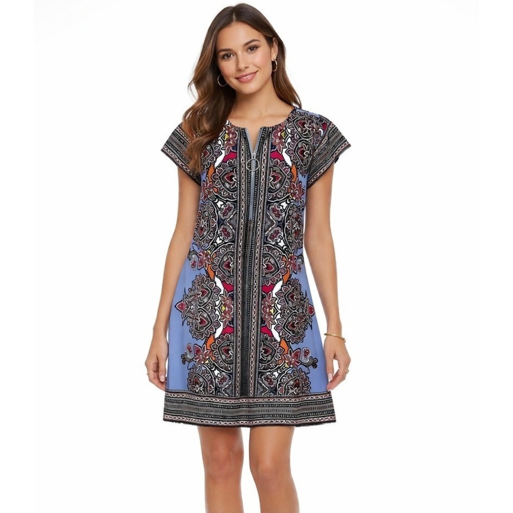 Melissa Paige Womens Dress M Blue Colorful Paisley Shift O Ring Zip Retro Boho